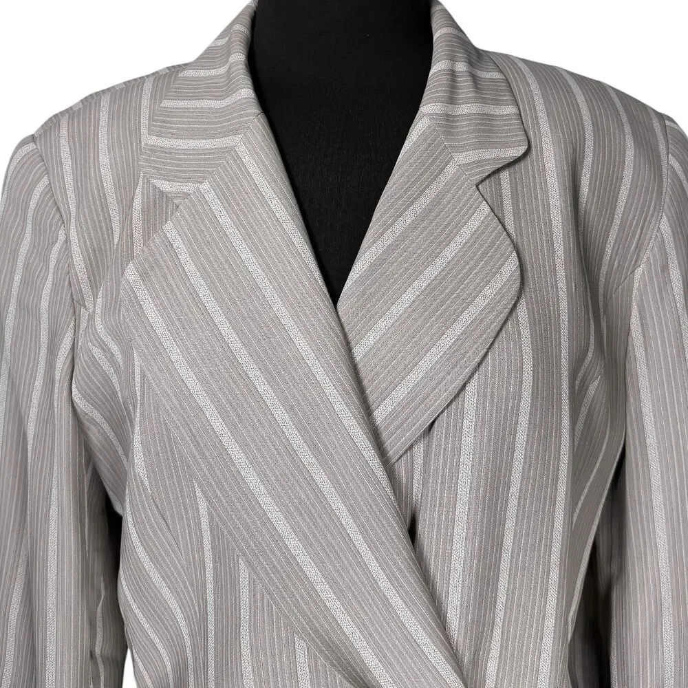 Vintage Christian Dior Womens 14 Gray Pinstripe Wrap Blazer Tie Waist Jacket USA